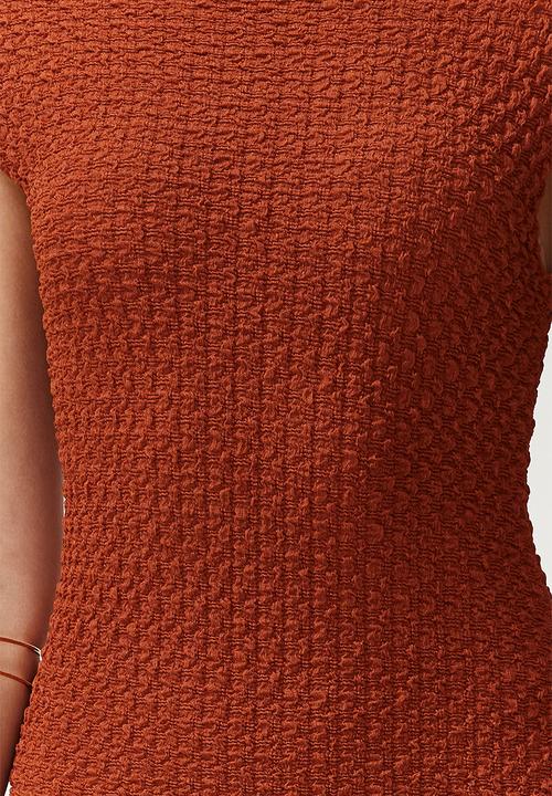 Trendyol - Textured fitted moon sleeve stretchy knitted midi dress - Burgundy