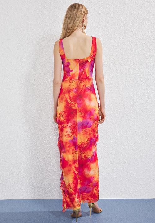 Trendyol - Ruffle detailed tulle lined maxi evening prom dress - very colorful