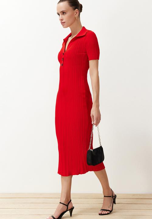 Trendyol - Plain maxi maxi knitwear polo neck knitwear dress - red