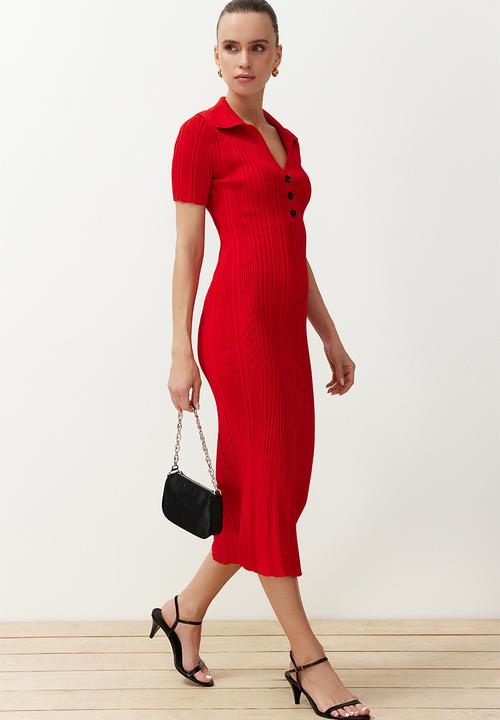 Trendyol - Plain maxi maxi knitwear polo neck knitwear dress - red
