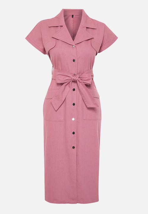 Trendyol -  Belted gabardine midi shirt dress - Rose pink