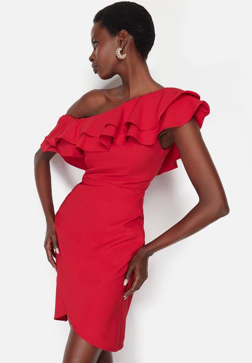 Trendyol - Single Sleeve Ruffle Woven Short Elegant Evening Night Graduation Dress - Red