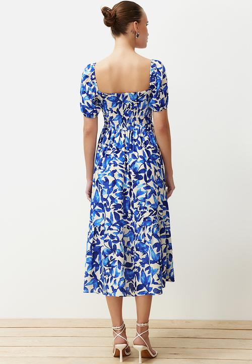 Trendyol - Floral Tiered Midi Woven Dress - Blue