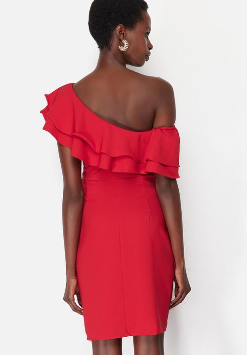 Trendyol - Single Sleeve Ruffle Woven Short Elegant Evening Night Graduation Dress - Red