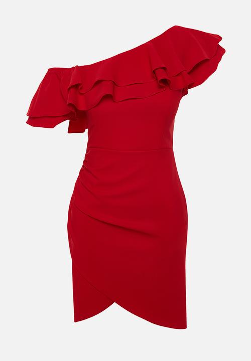 Trendyol - Single Sleeve Ruffle Woven Short Elegant Evening Night Graduation Dress - Red