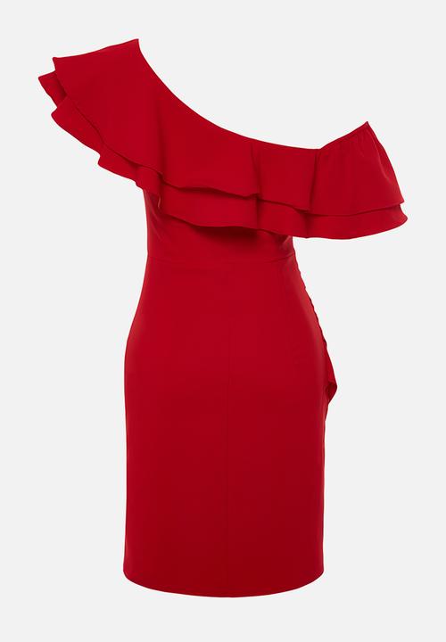 Trendyol - Single Sleeve Ruffle Woven Short Elegant Evening Night Graduation Dress - Red
