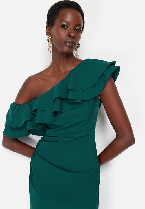 Trendyol - Single Sleeve Ruffle Woven Short Elegant Evening Night Graduation Dress - Emerald