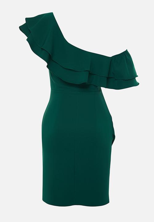 Trendyol - Single Sleeve Ruffle Woven Short Elegant Evening Night Graduation Dress - Emerald