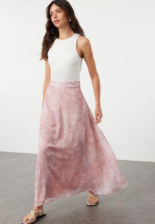 Trendyol - A-line Pattern Flared Lined Chiffon Maxi Woven Skirt - Light pink