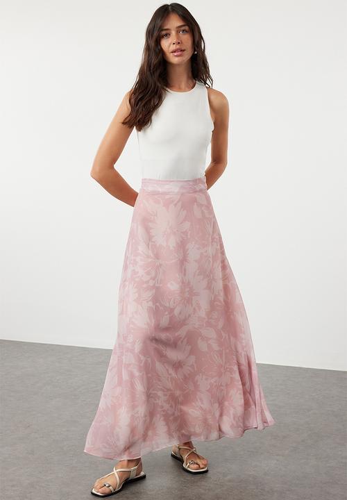 Trendyol - A-line Pattern Flared Lined Chiffon Maxi Woven Skirt - Light pink