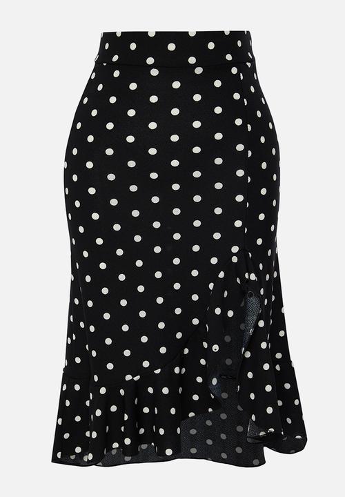 Trendyol - Polka Dot Ruffle Slit Flexible Midi Knitted Skirt - Black