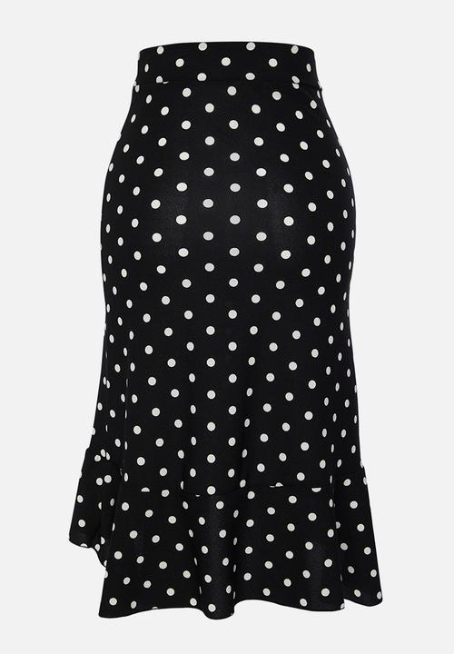 Trendyol - Polka Dot Ruffle Slit Flexible Midi Knitted Skirt - Black