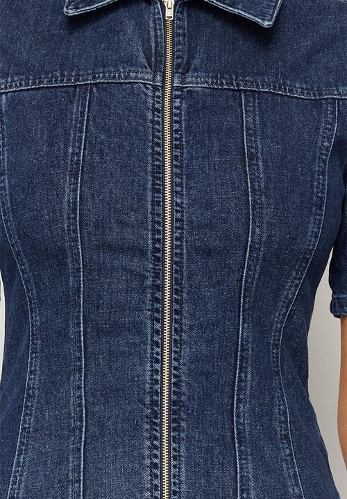 Trendyol - Zippered Fitted Mini Denim Dress - Dark blue