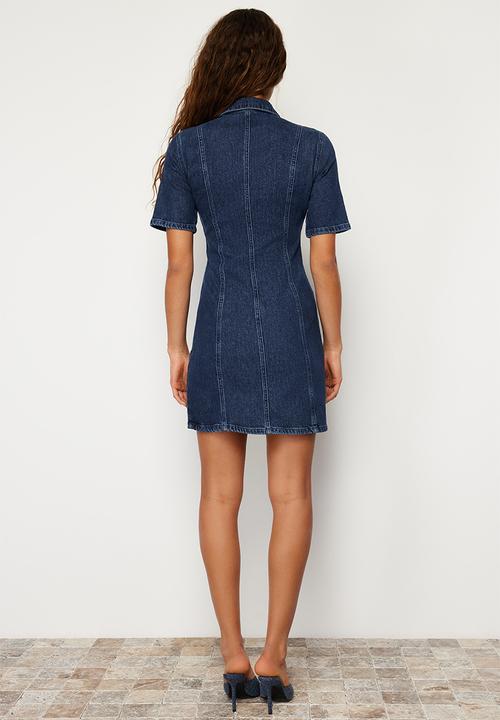 Trendyol - Zippered Fitted Mini Denim Dress - Dark blue