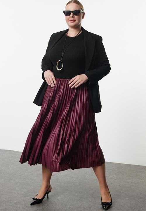 Trendyol - Elastic waist pleated woven plus size skirt - burgundy