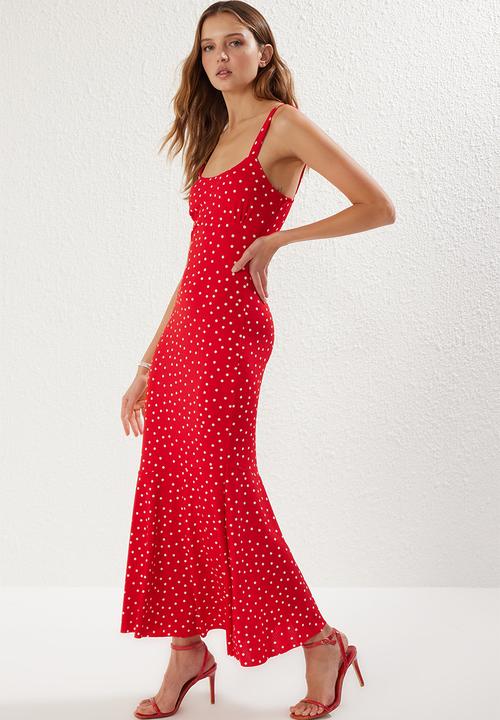 Trendyol - Polka Dot Strappy Fitted Elastic Knitted Maxi Pencil Dress - Red