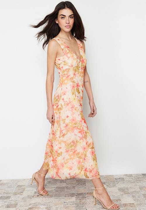 Trendyol - Floral Floral Printed V-Neck Tulle Stretchy Knitted Dress - Multi