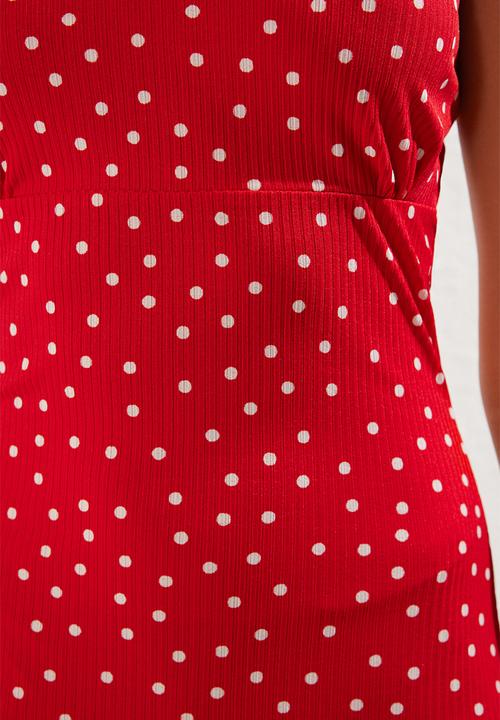 Trendyol - Polka Dot Strappy Fitted Elastic Knitted Maxi Pencil Dress - Red