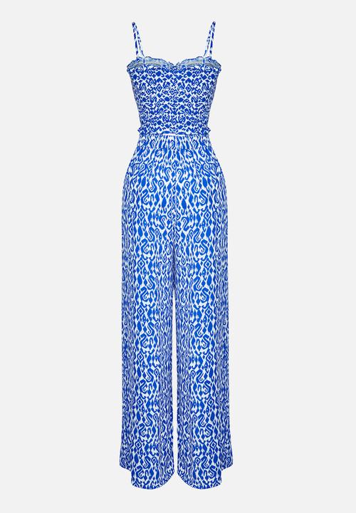 Trendyol - Tile Patterned Woven Gipel Strapless Blouse Trousers Beach Suit - Blue