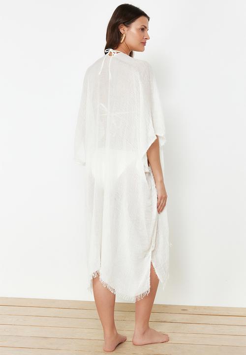 Trendyol - Midi Woven Tassel Beach Kimono & Kaftan - White
