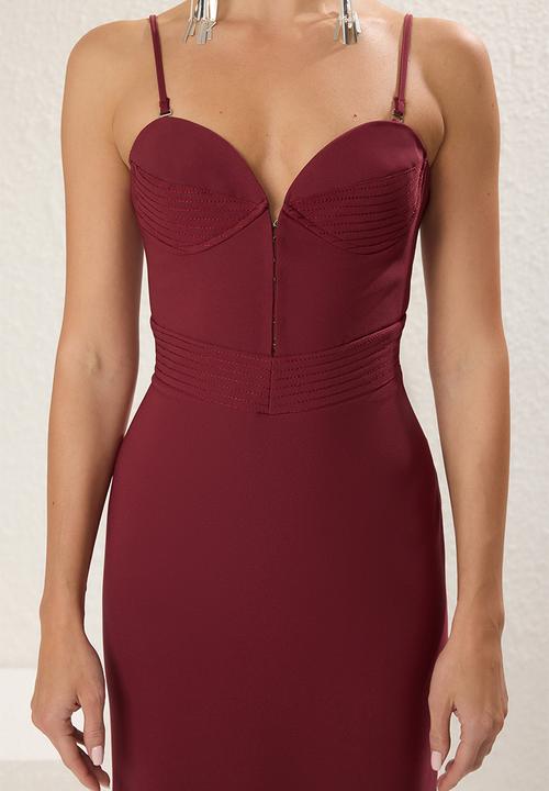 Trendyol - Strapless Woven Maxi Evening Dress - burgundy