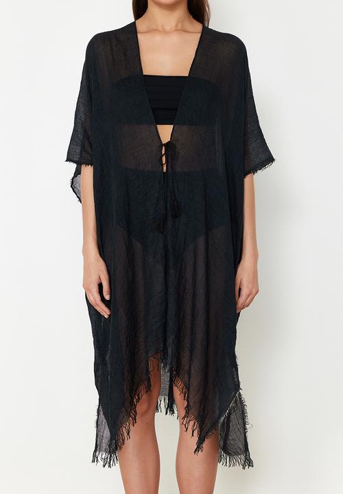Trendyol - Midi Woven Tassel Beach Kimono & Kaftan - Black