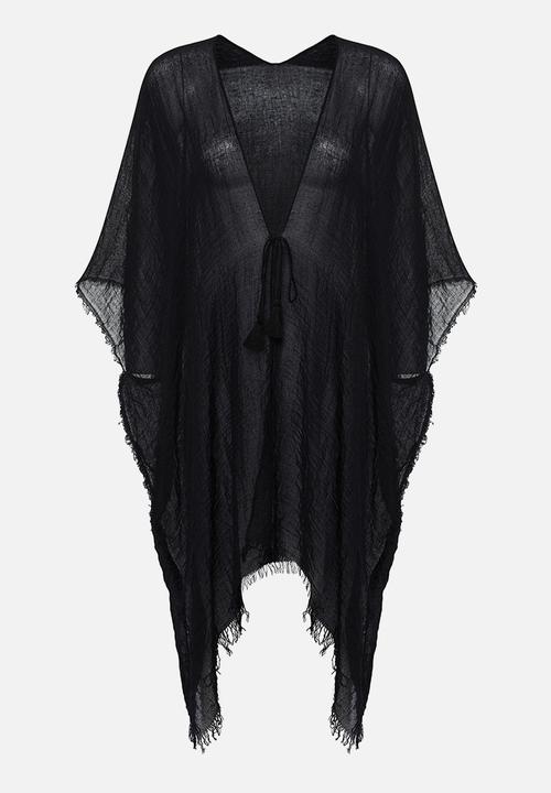 Trendyol - Midi Woven Tassel Beach Kimono & Kaftan - Black