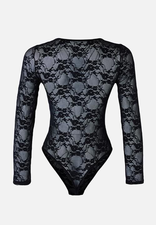 Trendyol - Lace openwork/holeless covered snap knit bodysuit - black