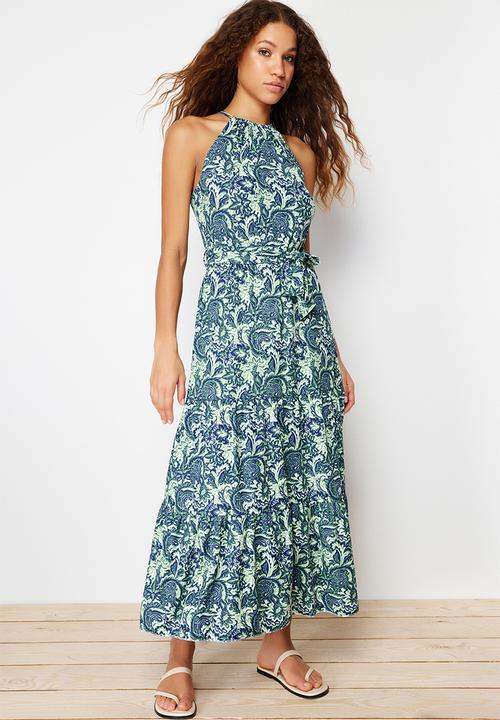 Trendyol - Printed Flare Halter Neck Knitted Maxi Dress - Green