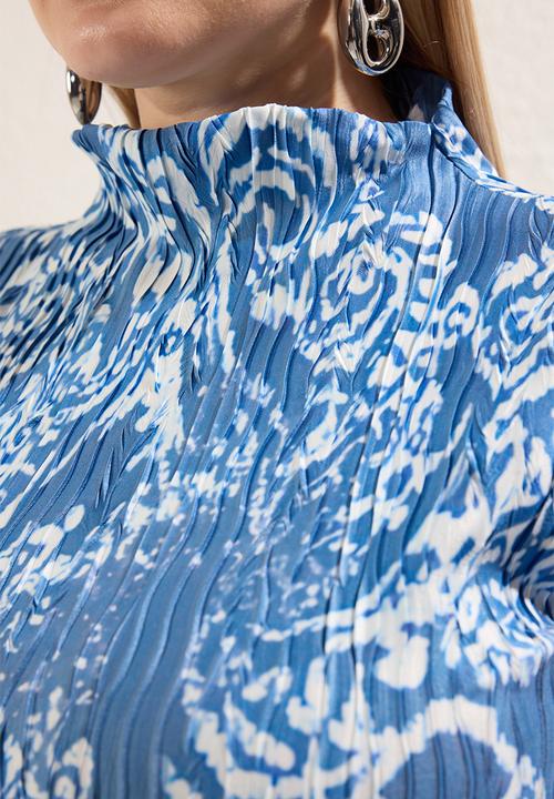 Trendyol - Pleated ethnic patterned knitted plus size dress - blue