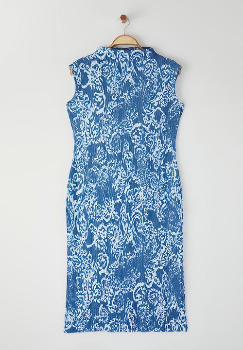 Trendyol - Pleated ethnic patterned knitted plus size dress - blue