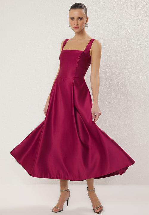 Trendyol - A-Line Satin Woven Elegant Evening Prom Dress - plum