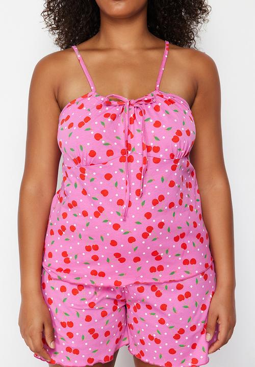 Trendyol - Patterned Knitted Pajama Set - Multicolored Cherry 