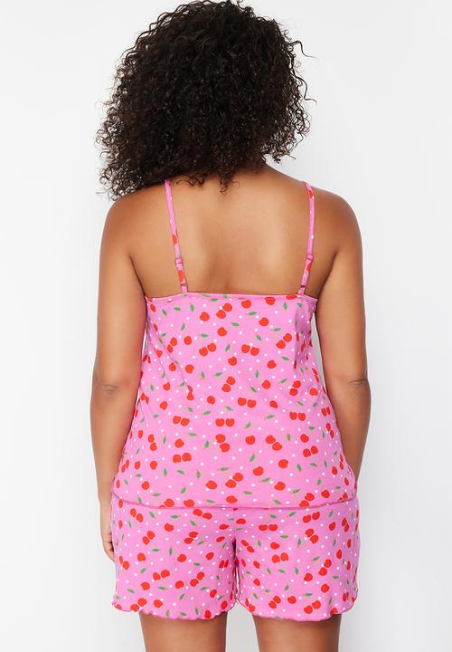Trendyol - Patterned Knitted Pajama Set - Multicolored Cherry 