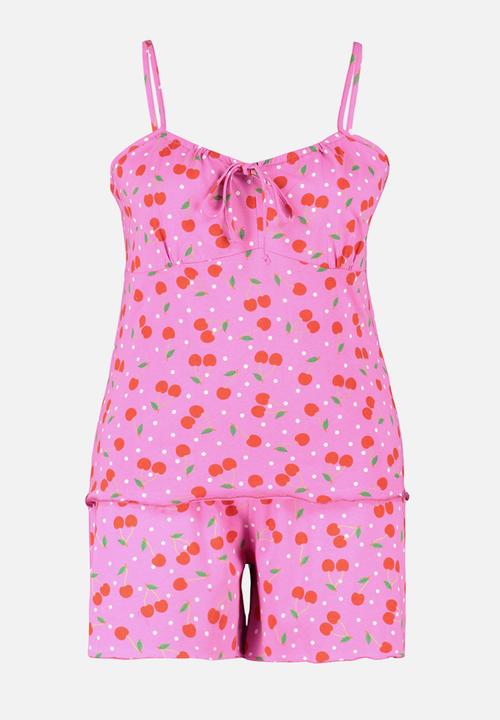 Trendyol - Patterned Knitted Pajama Set - Multicolored Cherry 