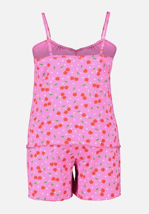 Trendyol - Patterned Knitted Pajama Set - Multicolored Cherry 