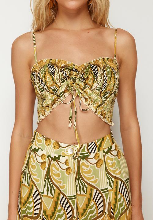 Trendyol - Patterned Woven Gipel Strapless Blouse Trousers Beach Suit - Ethnic