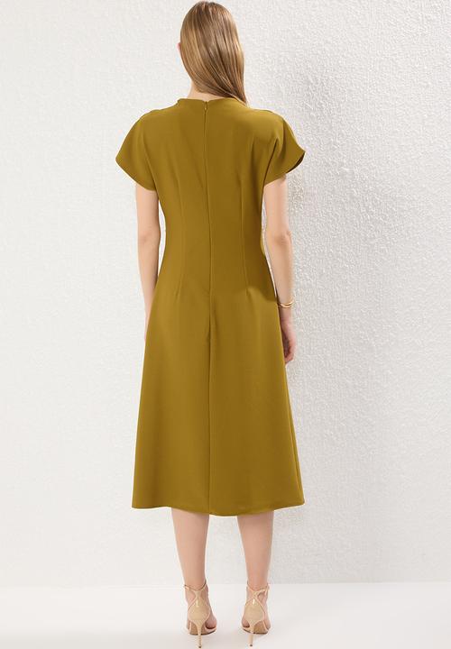 Trendyol - A-Line Degaje Midi Crepe Woven Dress - Oil Green