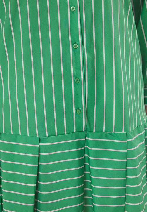 Trendyol - Striped 100% cotton woven mini plus size shirt dress - green