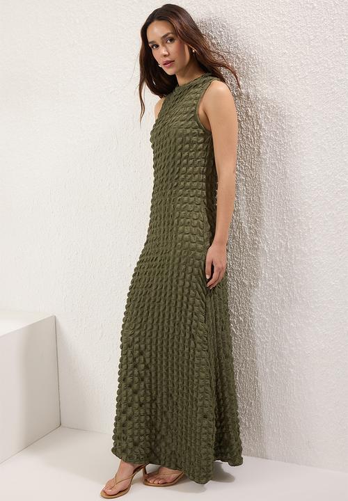 Trendyol - Plain Textured Crew Neck Maxi Dress - Khaki