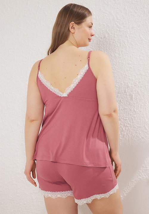 Trendyol - V-neck Lace Detail Viscose Knitted Pajama Set - Dusty Rose