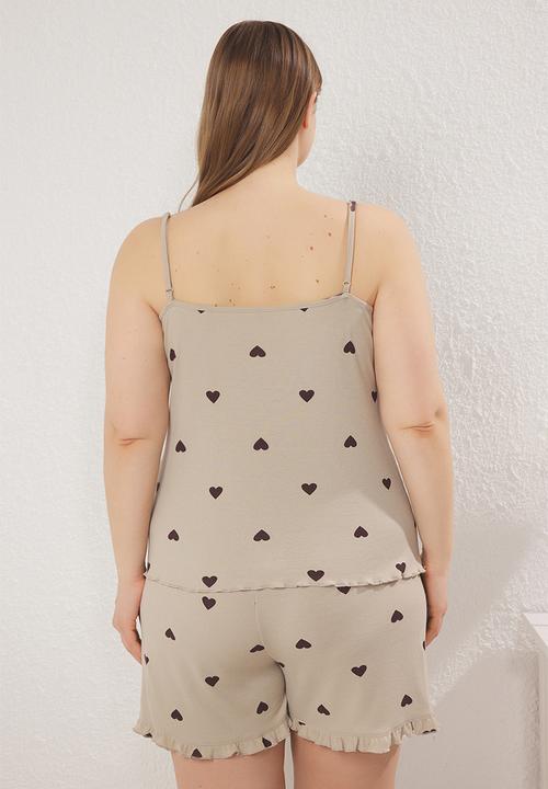 Trendyol - Heart Patterned Camisole Knitted Pajama Set - Light Mint