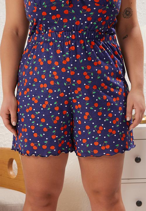 Trendyol - Cherry Patterned Knitted Pajama Set - Navy