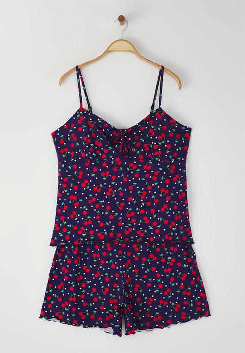 Trendyol - Cherry Patterned Knitted Pajama Set - Navy