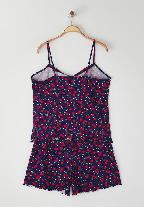 Trendyol - Cherry Patterned Knitted Pajama Set - Navy