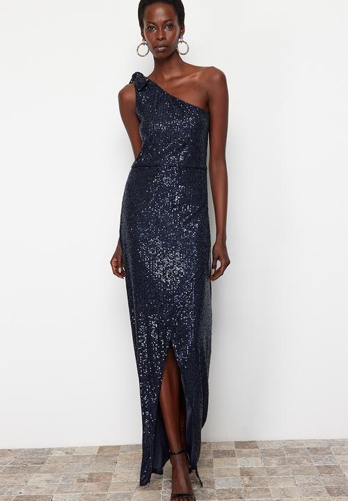 Trendyol - Single Sleeve Knitted Sequin Long Elegant Evening Dress - Navy blue