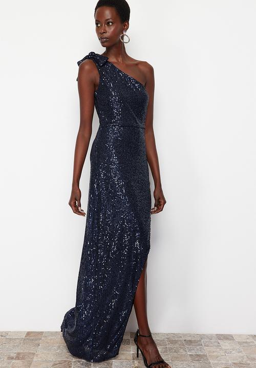 Trendyol - Single Sleeve Knitted Sequin Long Elegant Evening Dress - Navy blue