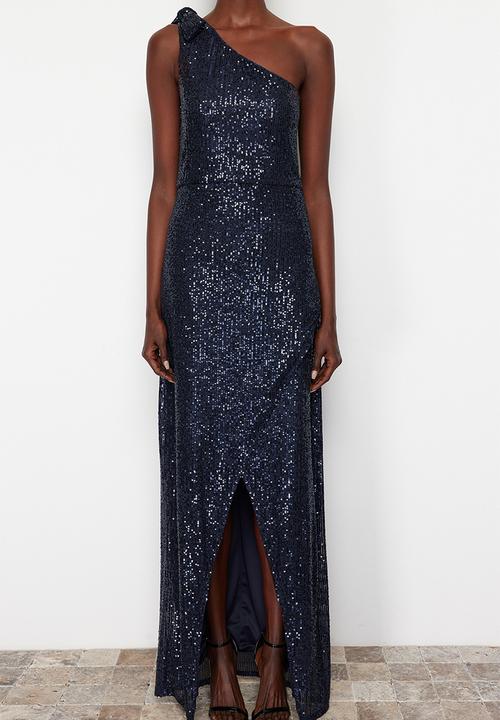 Trendyol - Single Sleeve Knitted Sequin Long Elegant Evening Dress - Navy blue
