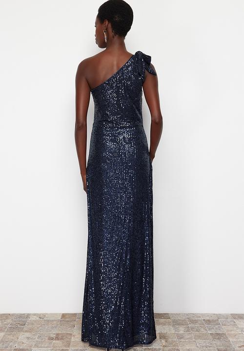 Trendyol - Single Sleeve Knitted Sequin Long Elegant Evening Dress - Navy blue