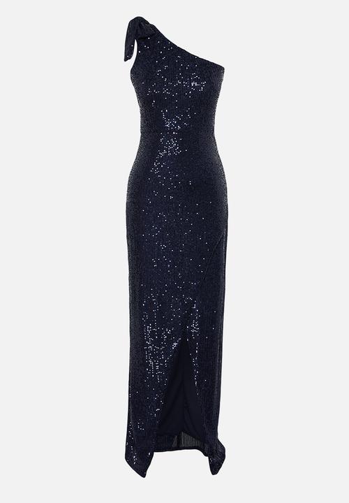 Trendyol - Single Sleeve Knitted Sequin Long Elegant Evening Dress - Navy blue